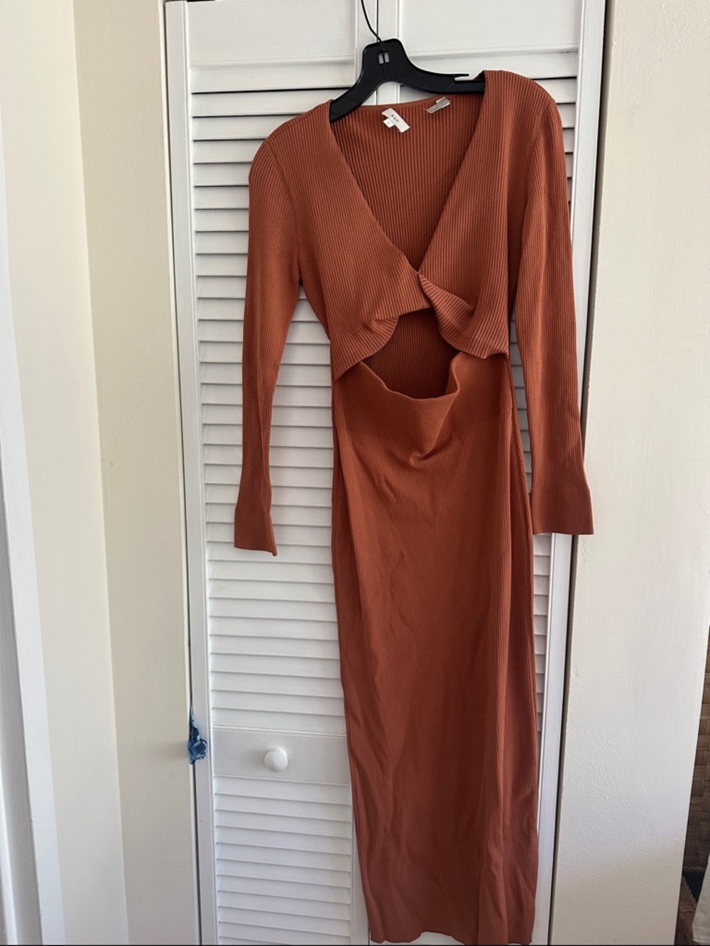 A.L.C. Twisted Cutout Ribbed Midi Dress in Rust